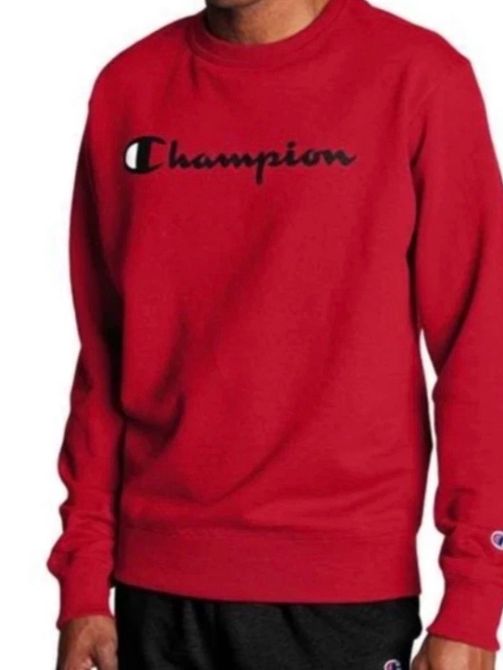 Champion Red Crewneck Sweatshirt with Black Script Logo Reverse weave Long Slvs